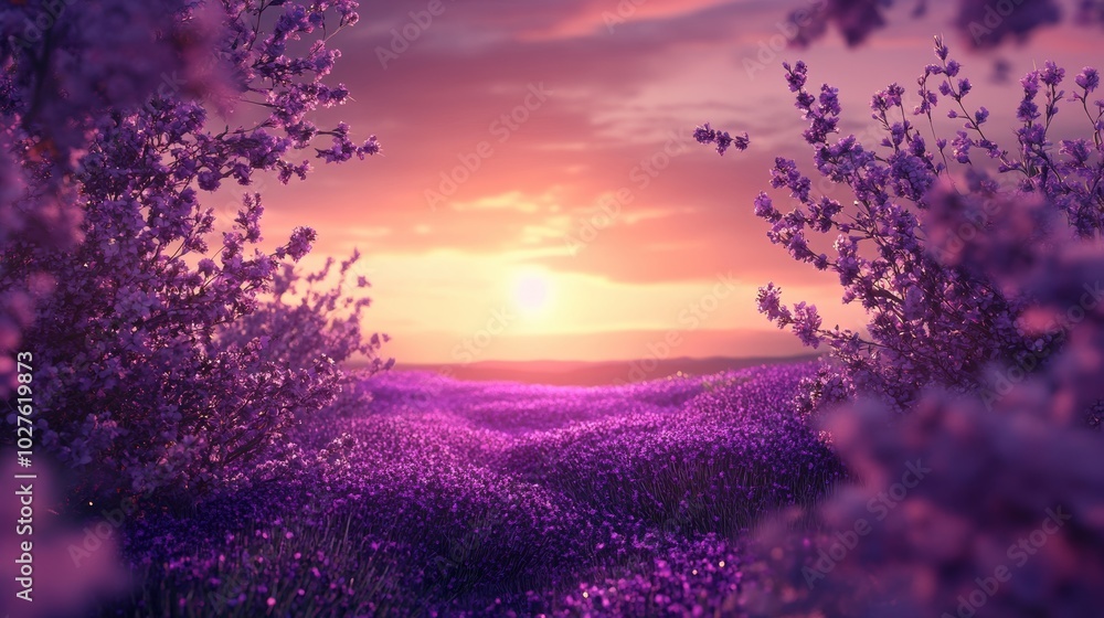Bee eye view of purple blossoms stretching to rose horizon Bee eye view of purple blossoms stretching to rose horizon