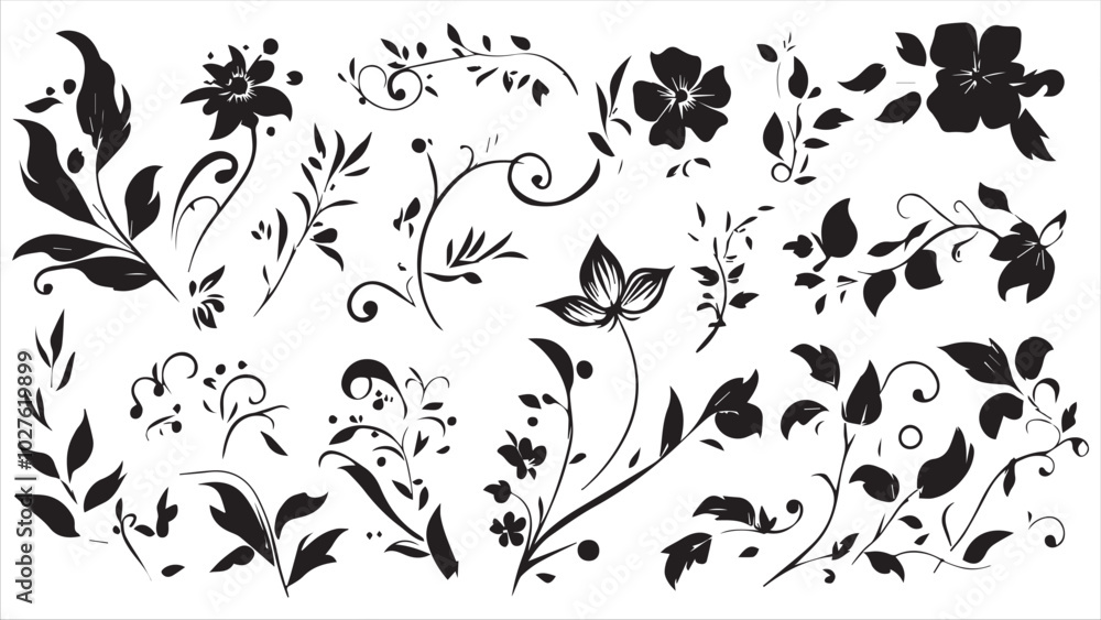 A set of simple black blue floral and swirling vector elements on a white background. A set of simple black blue floral and swirling vector elements on a white background.