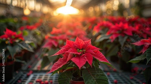 Vibrant poinsettia flowers bask in warm sunlight at a greenhouse during golden hour in autumn. Generative AI