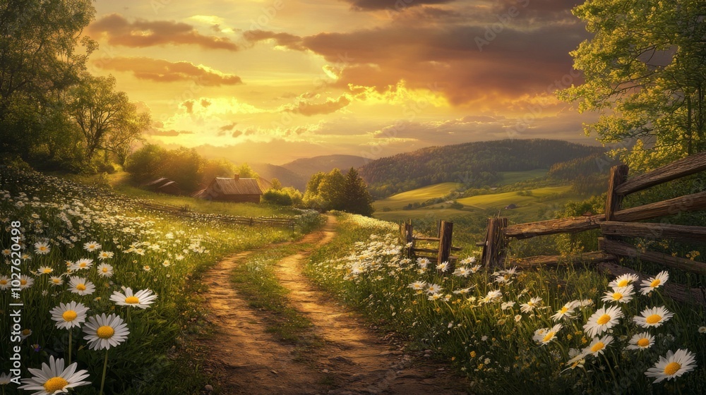 Obraz premium Winding Dirt Road Through a Field of Daisies at Sunset with a Cabin in the Distance