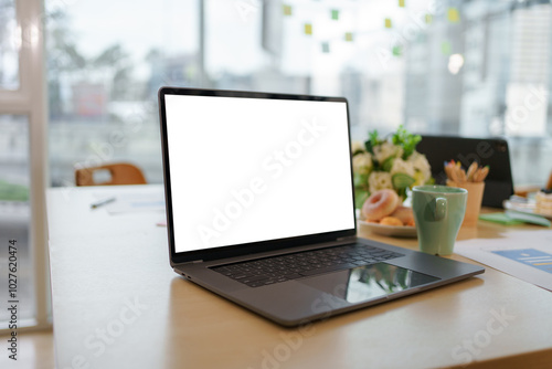 Wallpaper Mural Open laptop is sitting on a desk in a modern office, the screen is blank and ready for your mockup Torontodigital.ca
