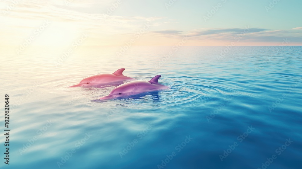 Pink dolphin pod creating ripples on calm ocean surface Pink dolphin pod creating ripples on calm ocean surface