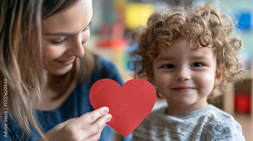A Woman Holding a Red Heart in Front of a Smiling Boy A Woman Holding a Red Heart in Front of a Smiling Boy