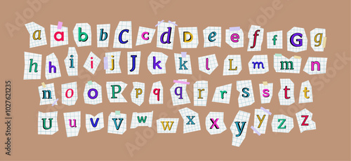 Vector ransom or blackmail alphabet. Diverse font cutout from notebook in cell for collages and scrapbooking. Handmade typography type from paper cut. 