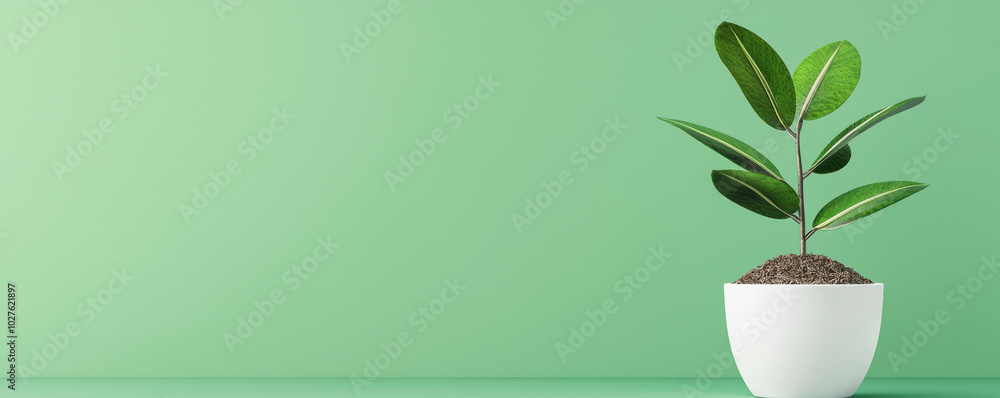 Green plant in a white pot on a soft green background. Green plant in a white pot on a soft green background.