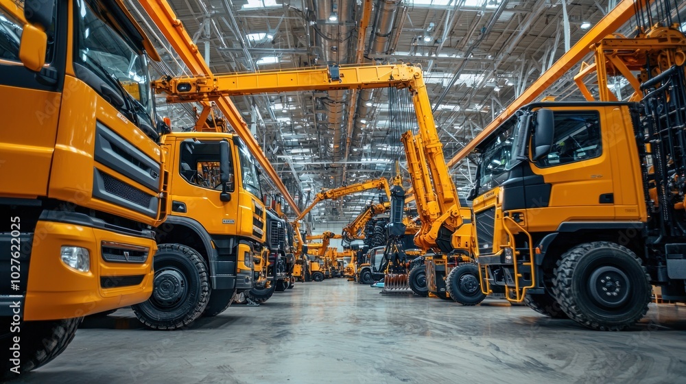 A dealership with construction machines, including cranes and trucks, on display. A dealership with construction machines, including cranes and trucks, on display.