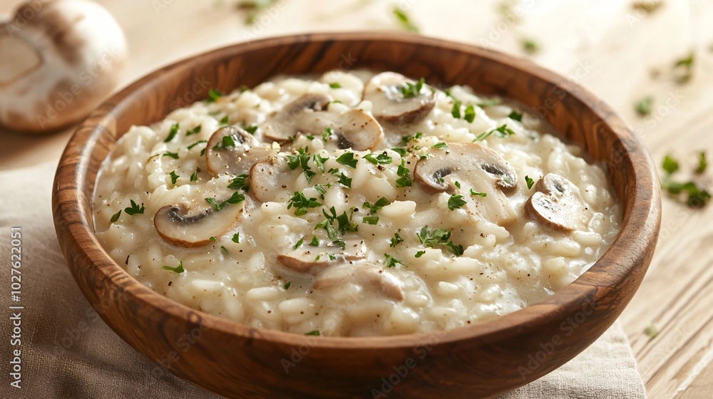 A creamy mushroom risotto served in a rustic wooden bowl, garnished with fresh parsley, against a warm beige background with scattered wildflower petals A creamy mushroom risotto served in a rustic wooden bowl, garnished with fresh parsley, against a warm beige background with scattered wildflower petals
