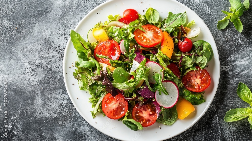 Overhead view of salad fixings on minimalist white platter Overhead view of salad fixings on minimalist white platter