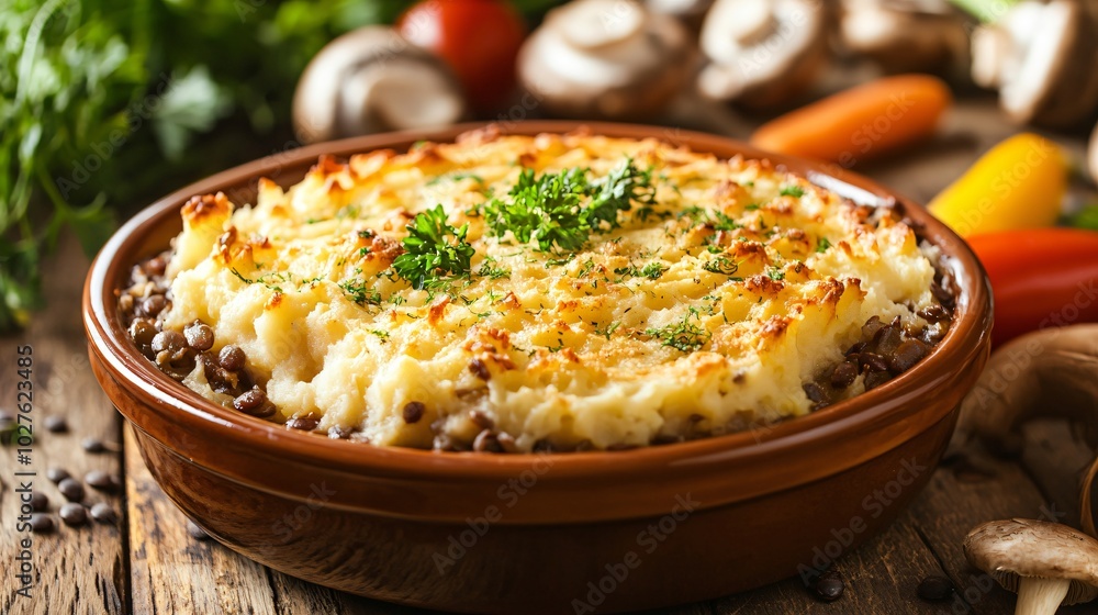 A rich mushroom and lentil shepherd's pie, beautifully plated, against a soft-focus kitchen backdrop with scattered fresh vegetables A rich mushroom and lentil shepherd's pie, beautifully plated, against a soft-focus kitchen backdrop with scattered fresh vegetables