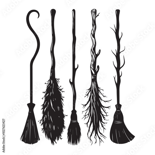 Set of different witch brooms isolated on white