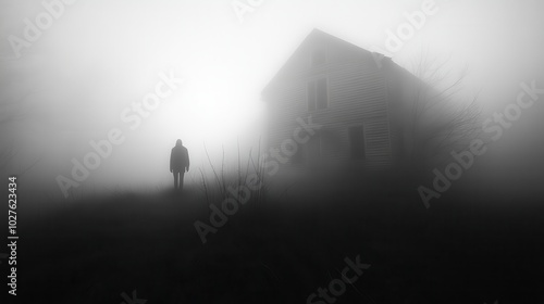 Shadowy Figure in Foggy Doorway at Dusk