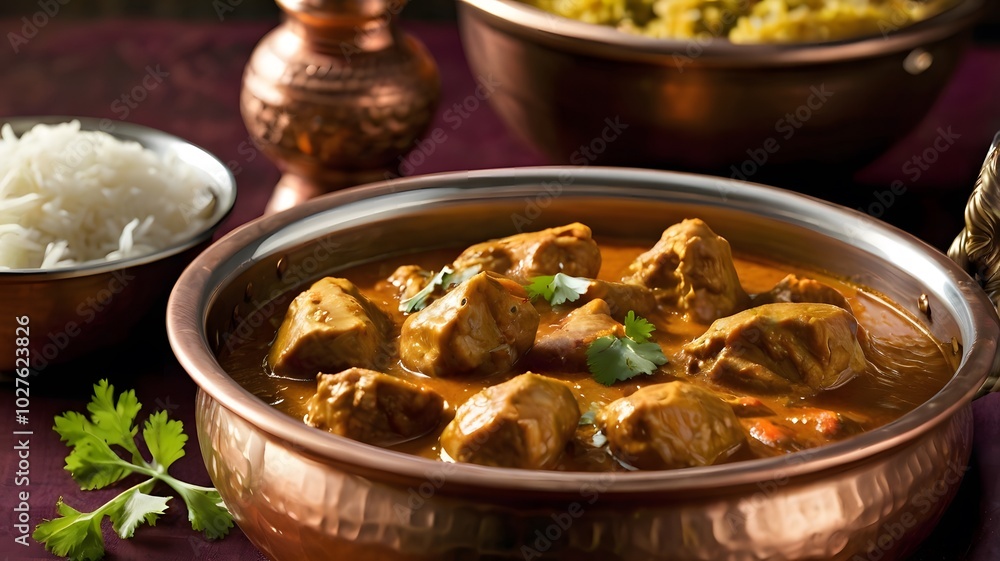 A traditional Indian curry with chicken, served in a copper pot alongside basmati rice A traditional Indian curry with chicken, served in a copper pot alongside basmati rice