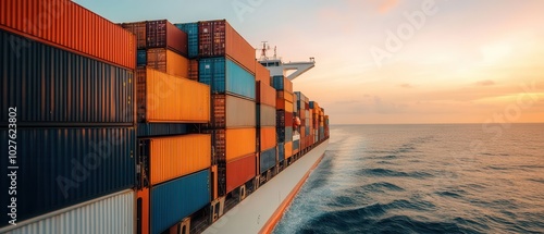 A cargo ship loaded with colorful containers sails across the ocean at sunset, creating a striking maritime scene. photo