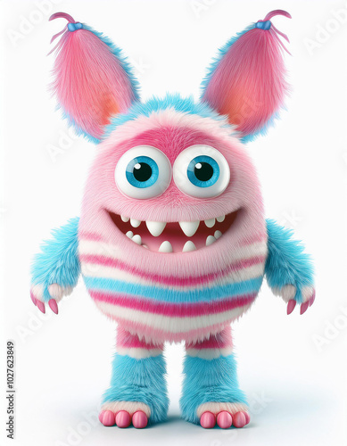 Adorable fluffy monster with big eyes and a cheerful grin, standing against a bright white background. Its pink and blue striped fur is incredibly soft-looking!