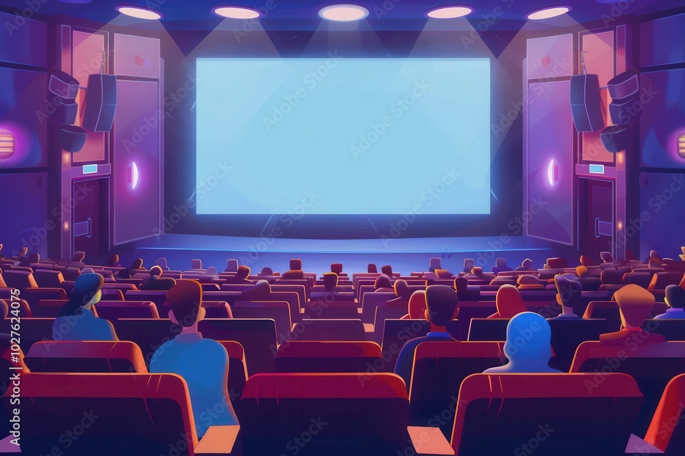 Obraz premium Patrons are settled in their seats, focusing on a large screen as they enjoy a captivating film in the cozy theater environment. Generative AI