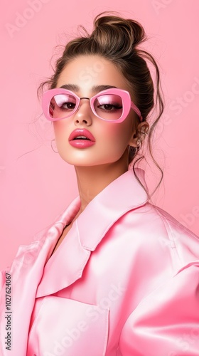 A woman in a stylish pink outfit with matching sunglasses poses confidently against a bright background during daylight