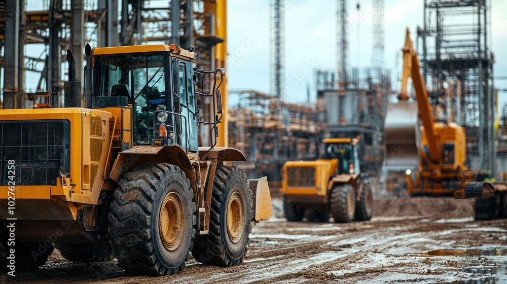 Industrial-grade construction equipment being used at a large-scale factory site. Industrial-grade construction equipment being used at a large-scale factory site.