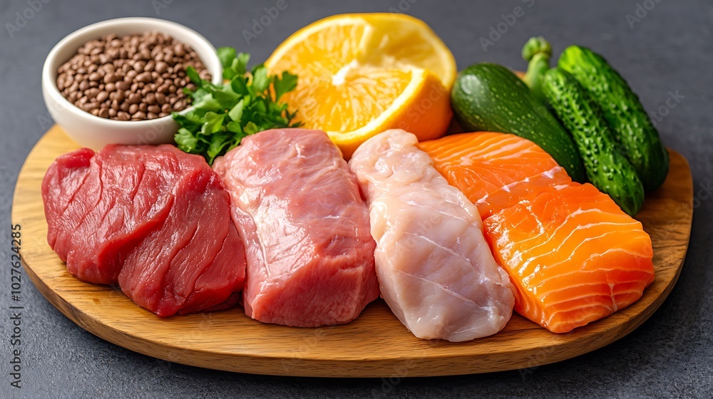Assortment of fresh ingredients for healthy eating, including lean protein, vegetables, and lentils, arranged on a wooden board. Assortment of fresh ingredients for healthy eating, including lean protein, vegetables, and lentils, arranged on a wooden board.