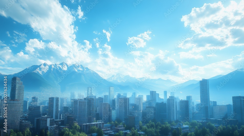 A panoramic view of a city with a mountain range in the background and a clear blue sky. A panoramic view of a city with a mountain range in the background and a clear blue sky.
