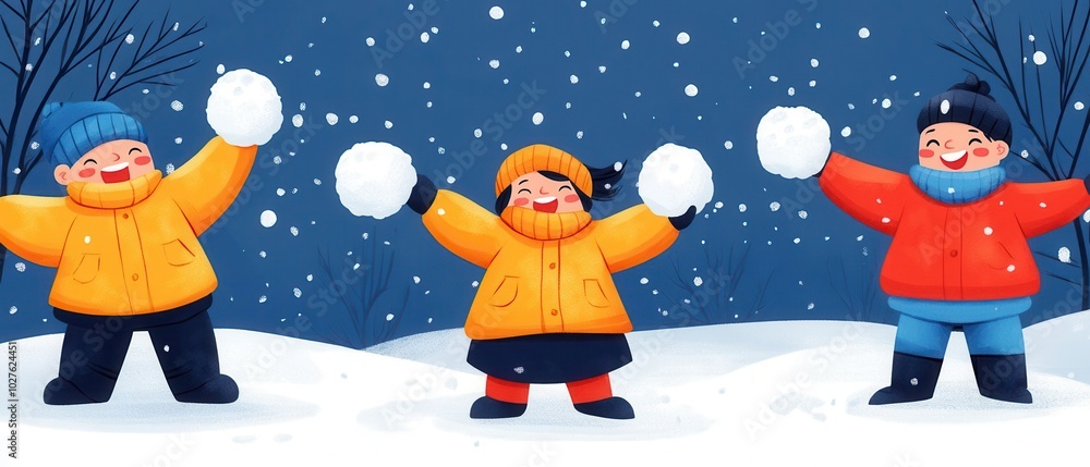 Naklejka premium Three cheerful children play in the snow, joyfully tossing snowballs while wearing colorful winter jackets against a snowy backdrop.