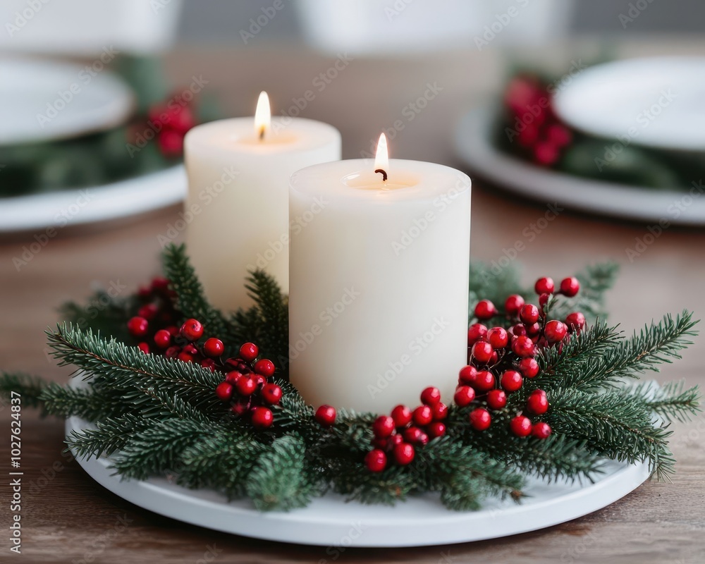 A festive candle arrangement with white candles surrounded by greenery and red berries on a white plate, creating a cozy holiday atmosphere. A festive candle arrangement with white candles surrounded by greenery and red berries on a white plate, creating a cozy holiday atmosphere.