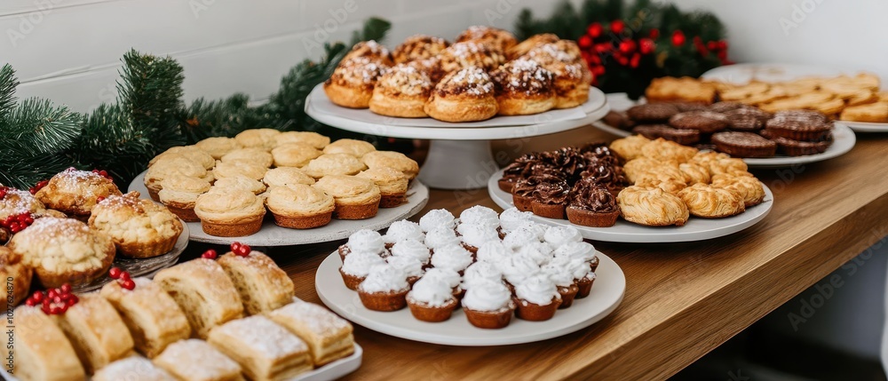 A festive display of assorted baked goods, including cookies and pastries, beautifully arranged on white plates. A festive display of assorted baked goods, including cookies and pastries, beautifully arranged on white plates.