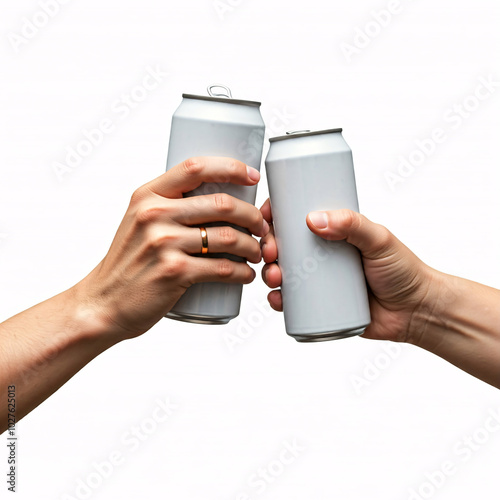two hands clinking white aluminum cans together