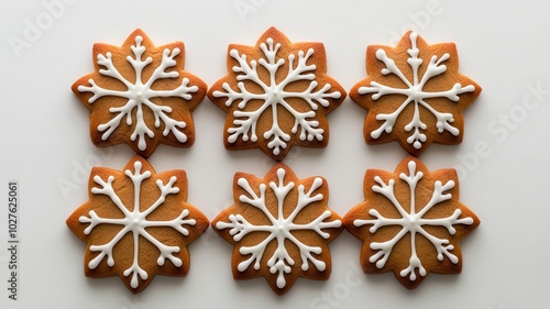 Deliciously decorated snowflake cookies arranged neatly, showcasing intricate icing designs on a warm gingerbread base.