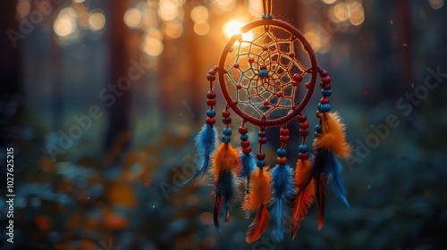 A beautiful dreamcatcher swaying gently in the golden light of a serene forest at sunset. Generative AI