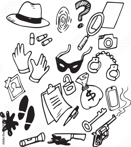 Detective doodle set. Hand drawn sketch doodle style. Footprint, fingerprint, magnifier detective investigation element. Vector illustration.