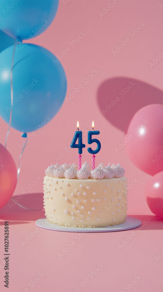 Birthday cake with candles for 55 years, balloons in pastel background Birthday cake with candles for 55 years, balloons in pastel background