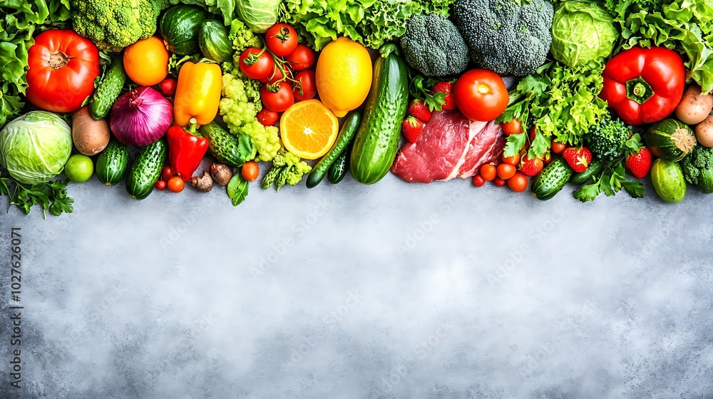 Fresh vegetables and meat arranged in a row on a gray background, leaving space for text. Fresh vegetables and meat arranged in a row on a gray background, leaving space for text.
