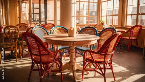 A round table with chairs and a window in the background.