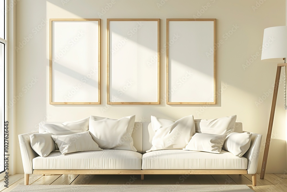 Fototapeta premium Empty wooden picture frame, modern third frame, cream colored wall, modern lamp, modern sofa, modern room, daylight, mockup, Generative Ai