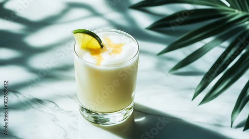 A frosty glass of Brazilian lemonade with condensed milk, garnished with a lime twist, set on a marble countertop with tropical leaf shadows