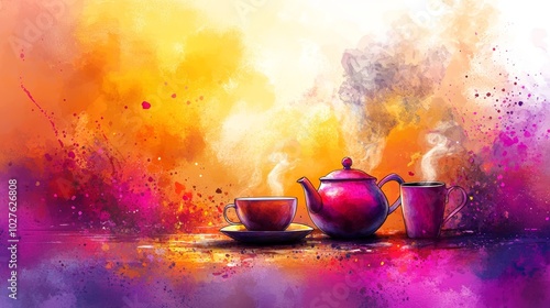 Colorful painting of two teapots and a cup abstract modern art for kitchen and dining room decor