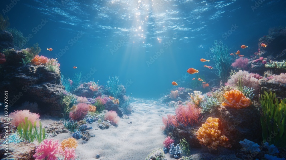Obraz premium Sunbeams Illuminate Vibrant Underwater Coral Reef with Fish