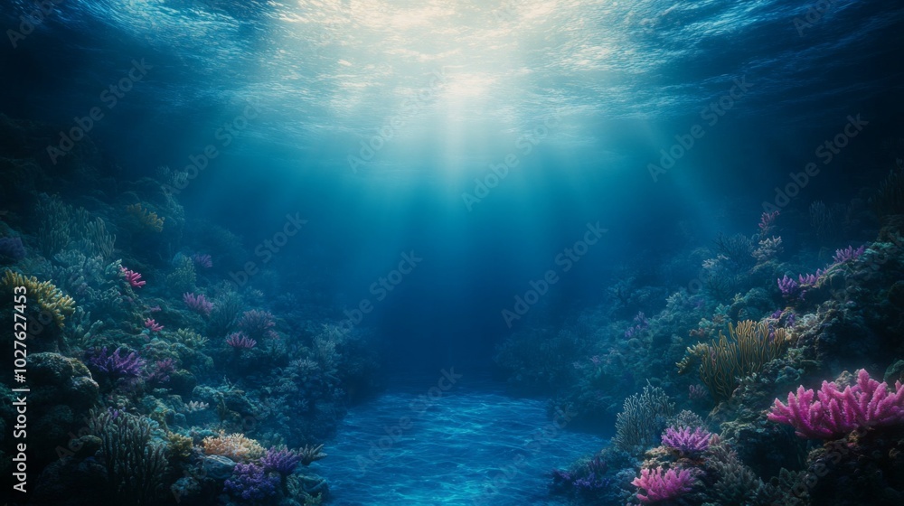 Underwater Scene with Sunlight Illuminating Coral Reefs Underwater Scene with Sunlight Illuminating Coral Reefs
