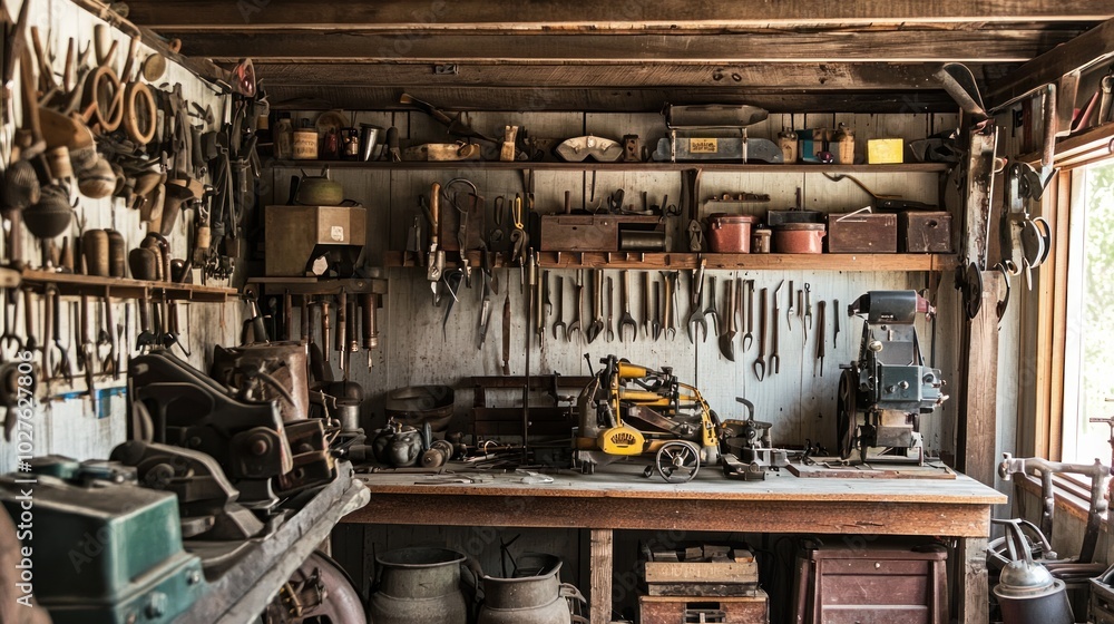A well-organized farm equipment shed filled with tools and machinery. A well-organized farm equipment shed filled with tools and machinery.