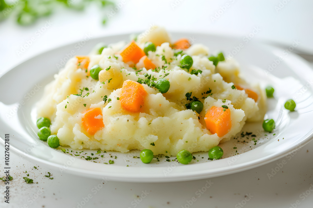 Mashed potatoes with seasonal vegetables on white plate.