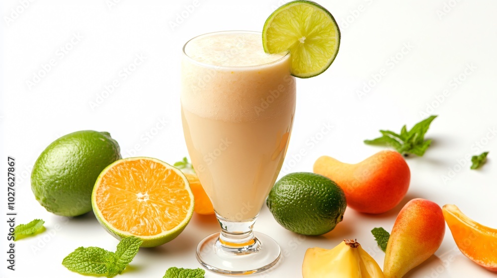 A tall frosty glass of creamy Brazilian lemonade, garnished with a lime wheel and mint, set against a white background with scattered tropical fruits A tall frosty glass of creamy Brazilian lemonade, garnished with a lime wheel and mint, set against a white background with scattered tropical fruits
