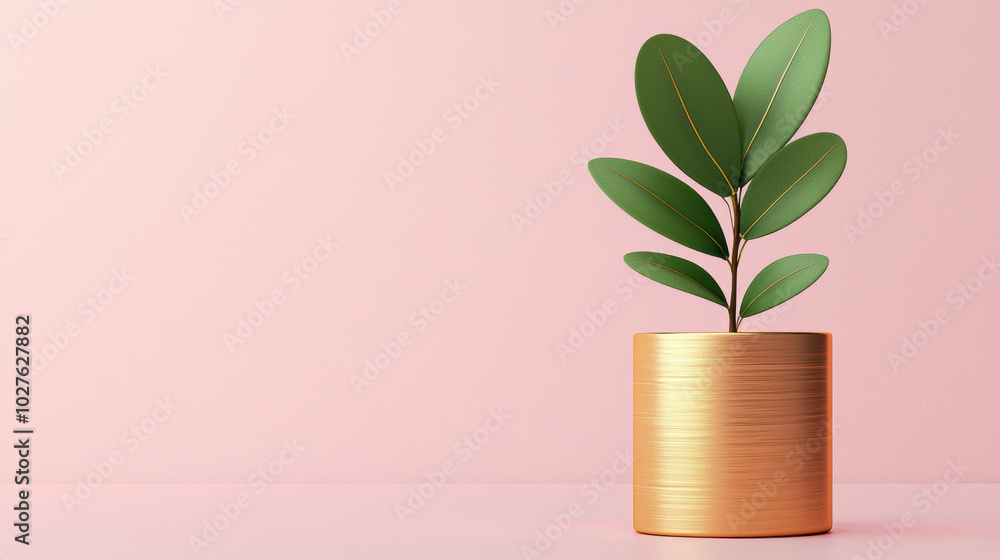 Stylish plant in a gold pot against a soft pink background. Stylish plant in a gold pot against a soft pink background.