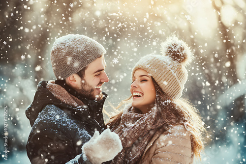 A cozy image of a young couple enjoying a snowy winter day