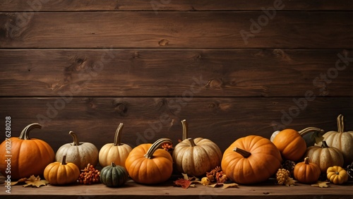 Autumn corner border banner of pumpkins, gourds and fall decor on a rustic wood background with copy space