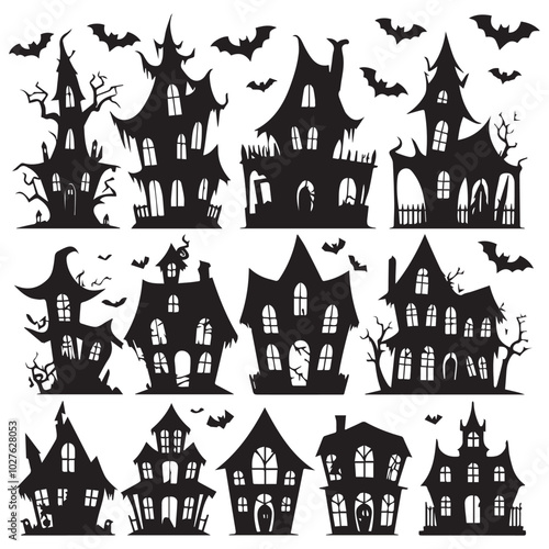 A Silhouette Vector Of Halloween Haunted House, Haunted House silhouette collection. scary halloween house bundle set,halloween at night and bats house logo