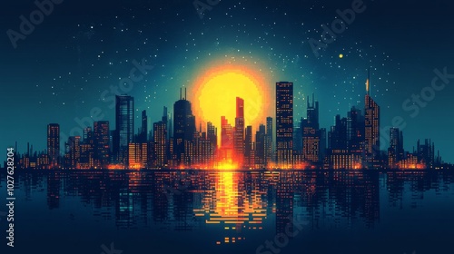 Pixel art cityscape reflected in a lake with a bright orange sun in the sky filled with white stars