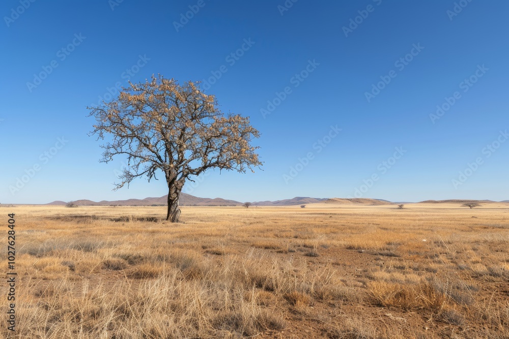Lone tree in vast african savannah under clear blue sky Lone tree in vast african savannah under clear blue sky