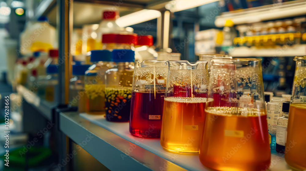Row of beakers and test tubes on a shelf, with one labeled Row of beakers and test tubes on a shelf, with one labeled