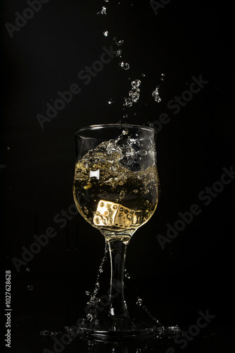 bebida alcohólica con dado dentro y salpicadura en fondo negro