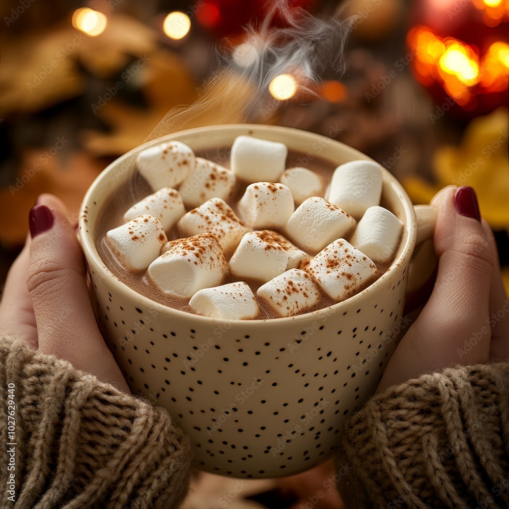 Hands holding a steaming mug of hot chocolate with marshmallows, autumn-themed Hands holding a steaming mug of hot chocolate with marshmallows, autumn-themed